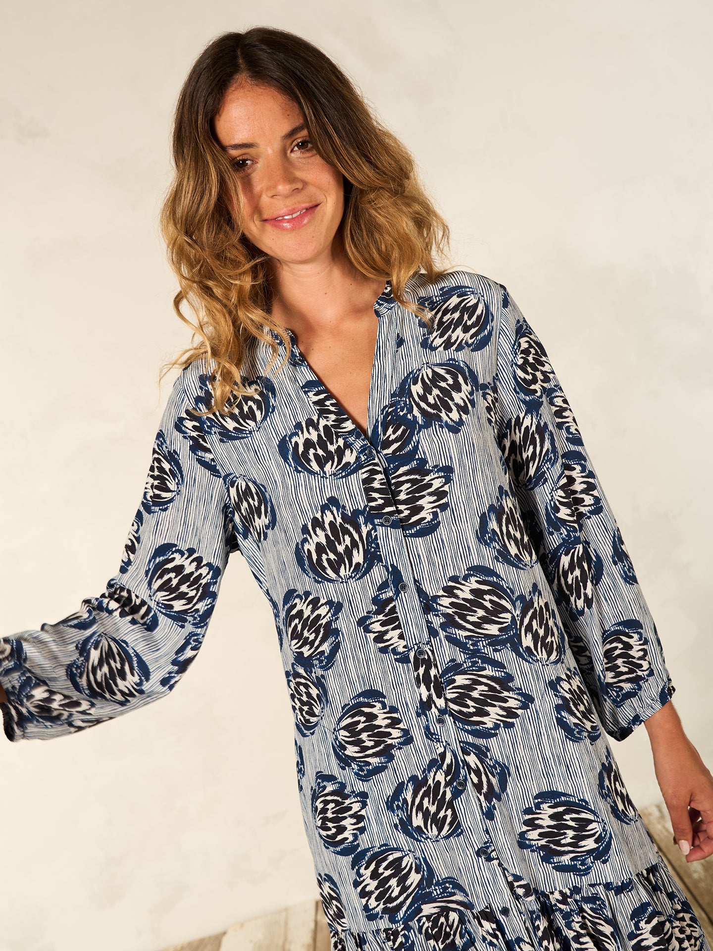 Dress with stand-up collar